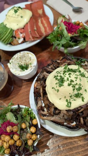 Shakshuka with vegan poached egg and truffled n'oyster - so good! at Chickpea Restaurant in Vancouver