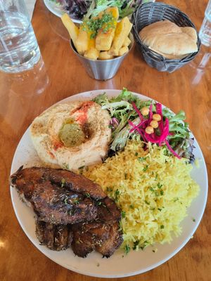 Lionsmane mushroom steak rice platter at Chickpea Restaurant in Vancouver