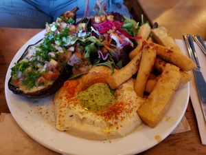 eggplant platter at Chickpea Restaurant in Vancouver
