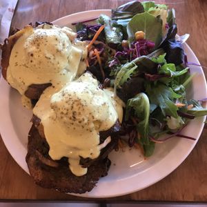 Bacun eggs benny at Chickpea Restaurant in Vancouver