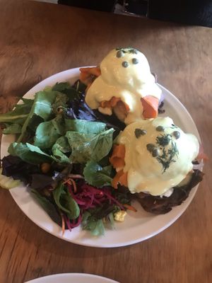Benedict with carrot lox  at Chickpea Restaurant in Vancouver