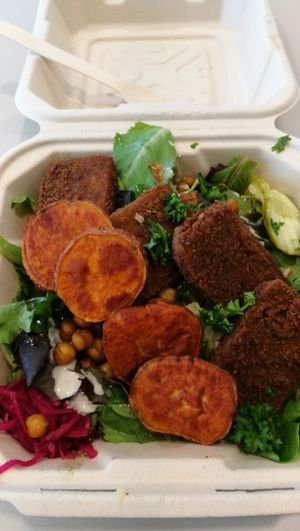 Shnitzelonim salad at Chickpea Restaurant in Vancouver