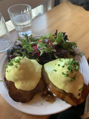 Eggs Benechick at Chickpea Restaurant in Vancouver