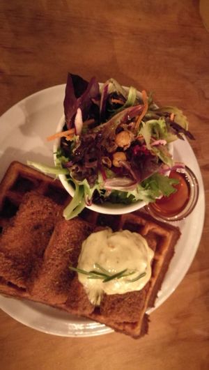 Waffle benechick at Chickpea Restaurant in Vancouver
