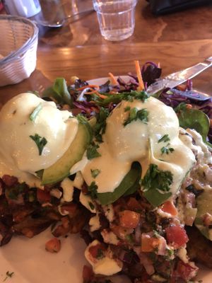 Avo Latkas (potato pancakes) on all day brunch menu.  at Chickpea Restaurant in Vancouver