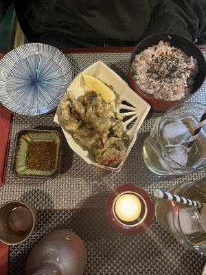 Mushroom tempura and Japanese mixed grain rice   at Itadakizen in Shrewsbury