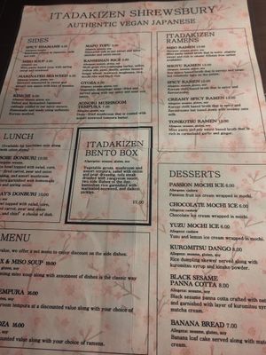 Menu at Itadakizen in Shrewsbury
