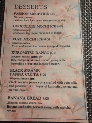 Dessert menu at Itadakizen in Shrewsbury