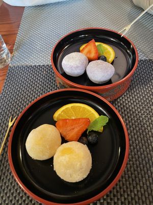 Yuzu (bottom) and passionfruit (top) mochi  at Itadakizen in Shrewsbury