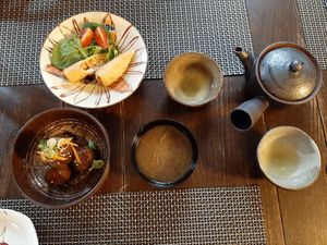 Sides (miso soup, tea, meatballs and spring roll) at Itadakizen in Shrewsbury