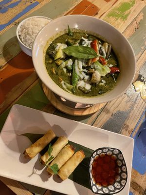Vegan green curry and springrolls  at Thai Corner in Alicante