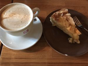 Vegan apple cake and soya latte at Cafe Berlin in Akureyri