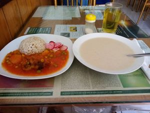 Cauliflower with tomato sauce and rice + peanut soup at Govinda in Chiclayo