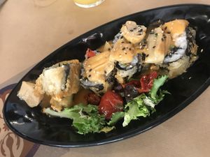 Vegetable tempura sushi with mushroom sauce at La Bartola in Sevilla