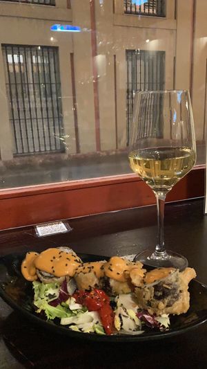Vegetable tempura sushi with porcini mushroom sauce  at La Bartola in Sevilla