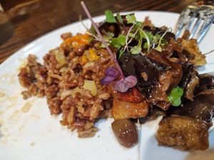 Red thai rice and caponata at La Bartola in Sevilla