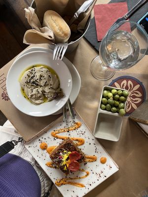 hummus tapa and thai red rice tapa  at La Bartola in Sevilla