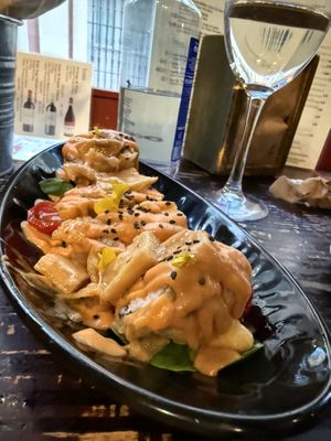 Vegetable Tempura Sushi with Porcini Mashrooms Sauce  at La Bartola in Sevilla