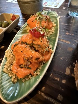 Zucchini sachets stuffed with minced vegetables  at La Bartola in Sevilla