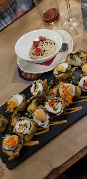 Vegan tempura sushi and truffle hummus. at La Bartola in Sevilla