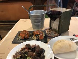 Zucchini wraps and caponata (the tomato sauce was super delicious) at La Bartola in Sevilla