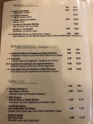 Menu at La Bartola in Sevilla