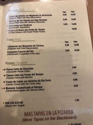 Menu at La Bartola in Sevilla