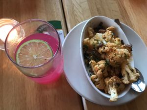 Dragon Fruit Limeade and Charred Cauliflower at True Food Kitchen in King Of Prussia