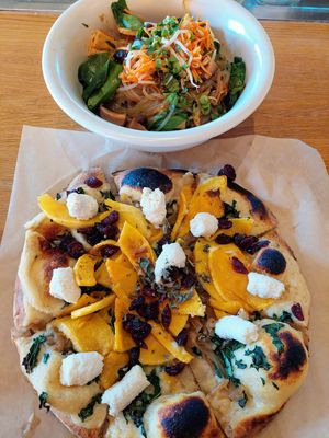 Korean bowl and butternut pizza with almond ricotta and cranberries at True Food Kitchen in King Of Prussia