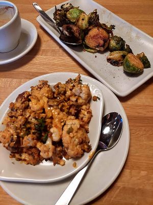 Cauliflower with tahini sauce and spicy roast brussels at True Food Kitchen in King Of Prussia