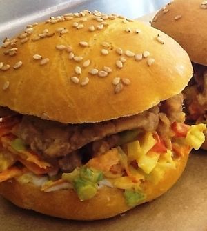 Sesame Tempeh Slider on Challah Bun at Cookie Conscious Bakery in Eugene