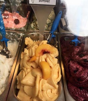 Scremes non dairy vegan peach sorbet at Screme Gelato Bar in New York City