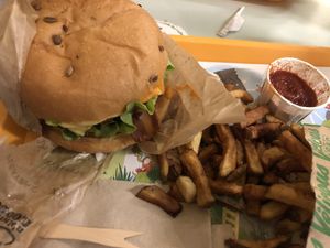 Vegan burger with fries  at Velicious Burger in Strasbourg