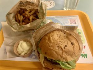 Spicy burger and crispy fries on the side. The Vegenaise was amazing!  at Velicious Burger in Strasbourg