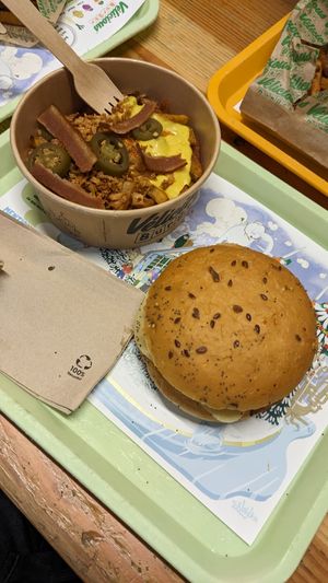 chicken & la vie bacon burger + loaded fries at Velicious Burger in Strasbourg