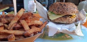 Spicy BBQ buger with fries... at Velicious Burger in Strasbourg