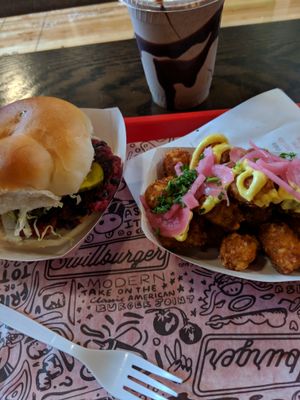 Burger, curry tots (rotating special) and a shake! at The Playhouse & Swillburger in Rochester