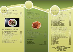 Menu  at Thai Container in Christchurch