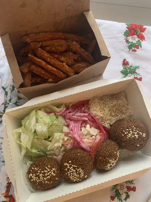 Falafel salad and sweet potato fries at Fari's in Ljubljana