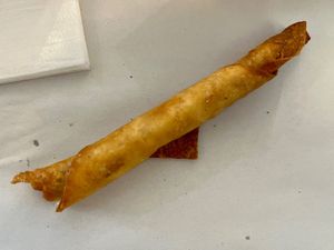 Veganski zvitek (“meat” stick inside tortilla, fried) at Fari's in Ljubljana