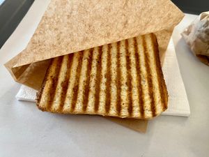 Vegan toast with “cheese” and “meat” slices at Fari's in Ljubljana