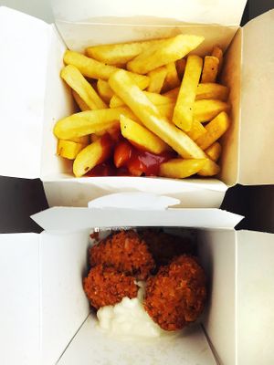 Vegan nuggets with vegan mayo and french fries with ketchup.  at Fari's in Ljubljana