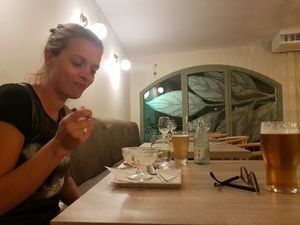 Maša enjoying creamy vegan desert  at Spice Garden in Sitges