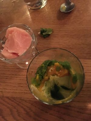 Grapefruit sorbet and avocado lime mousse (all vegan) at Bad Hunter in Chicago