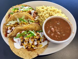 Tacos with beans and yellow (brown) rice at Herbivoro in Portland