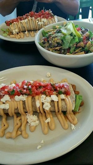 burrito (the one that comes with two) and salad at Herbivoro in Portland