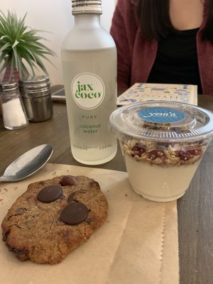 Vegan cookie, yogurt, & coconut water  at Yem'a Paris in Paris