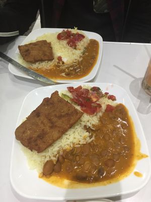 Soy meat, bean stew and rice  at Natural Vid Restaurante Vegetariano in Cuenca