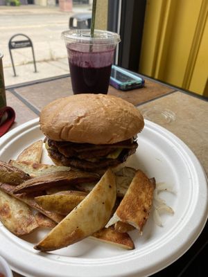 Another great veggie burger with delicious bun and roasted potatoes at Healthy Harvest Urban Farms & Cafe in Rock Island