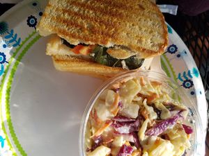 Vegan blt with a veg cheese and Cole slaw ( could have been more funley chopped) overall good! 6 out of 10!  at Healthy Harvest Urban Farms & Cafe in Rock Island